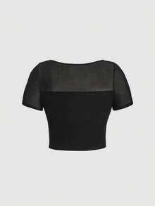 SHEIN MOD Plus Women's Black Sheer Mesh Patchwork Ruched T-Shirt Butterfly Detail Short Sleeve Round Neck Slim Fit Top For Spring Party - Black - View 4