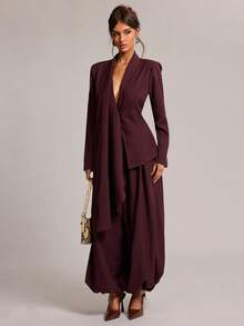 SHEIN BAE بليزر نسائي بلون موحد كاجوال متعدد الاستخدامات للارتداء اليومي، بنطال فانوس، ملابس ضيفة الزفاف، مناسبات رسمية، كوكتيل - الأرجواني - مشاهدة 1