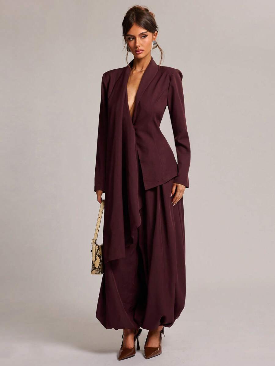 SHEIN BAE بليزر نسائي بلون موحد كاجوال متعدد الاستخدامات للارتداء اليومي، بنطال فانوس، ملابس ضيفة الزفاف، مناسبات رسمية، كوكتيل - الأرجواني - مشاهدة 1