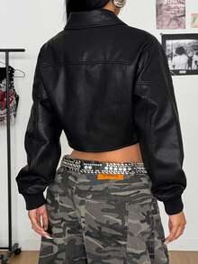 StreetHx Jaket Motor Wanita Model Pendek Kulit Imitasi dengan Resleting dan Kerah, Mantel Biker - Hitam - View 2