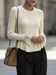 SHEIN Women's Bell Sleeve Lace Trim Ruffle Hem Sweater - Apricot - View 1