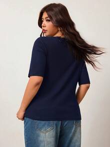 Enliva Kaos Wanita Ukuran Besar, Elastisitas Tinggi, Potongan Slim Fit, Lengan Pendek, Leher Persegi, Ramah Kulit, Gaya Musim Semi/Panas, Detail Renda di Garis Leher - Navy Blue - View 3