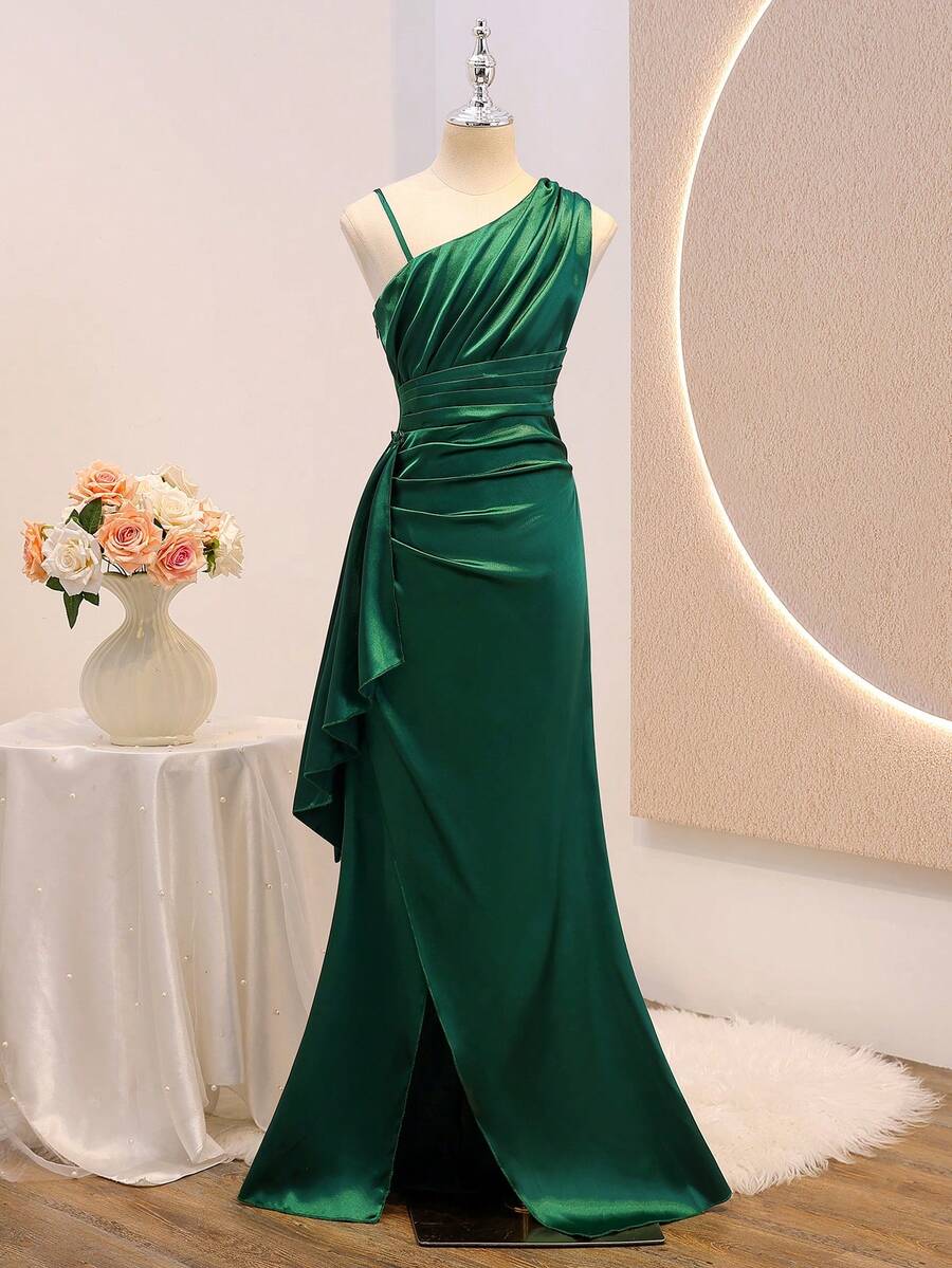 Wedding Season Girls' Premium Satin One-Shoulder Spaghetti Strap Ruffle Hem Fitted Slit Long Dress For Ball, Performance, Birthday Party, Banquet, Evening Gala, All Seasons - Dark Green - View 1