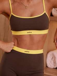 Aralina Leisurewear Spaghetti Strap Slim Fit Contrast Trim Sports Bra High Waist Biker Shorts Workout Sets - Brown - View 3