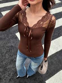 Elyressa Elegant Solid Color Lace Patchwork Tie-Front T-Shirt - Brown - View 1