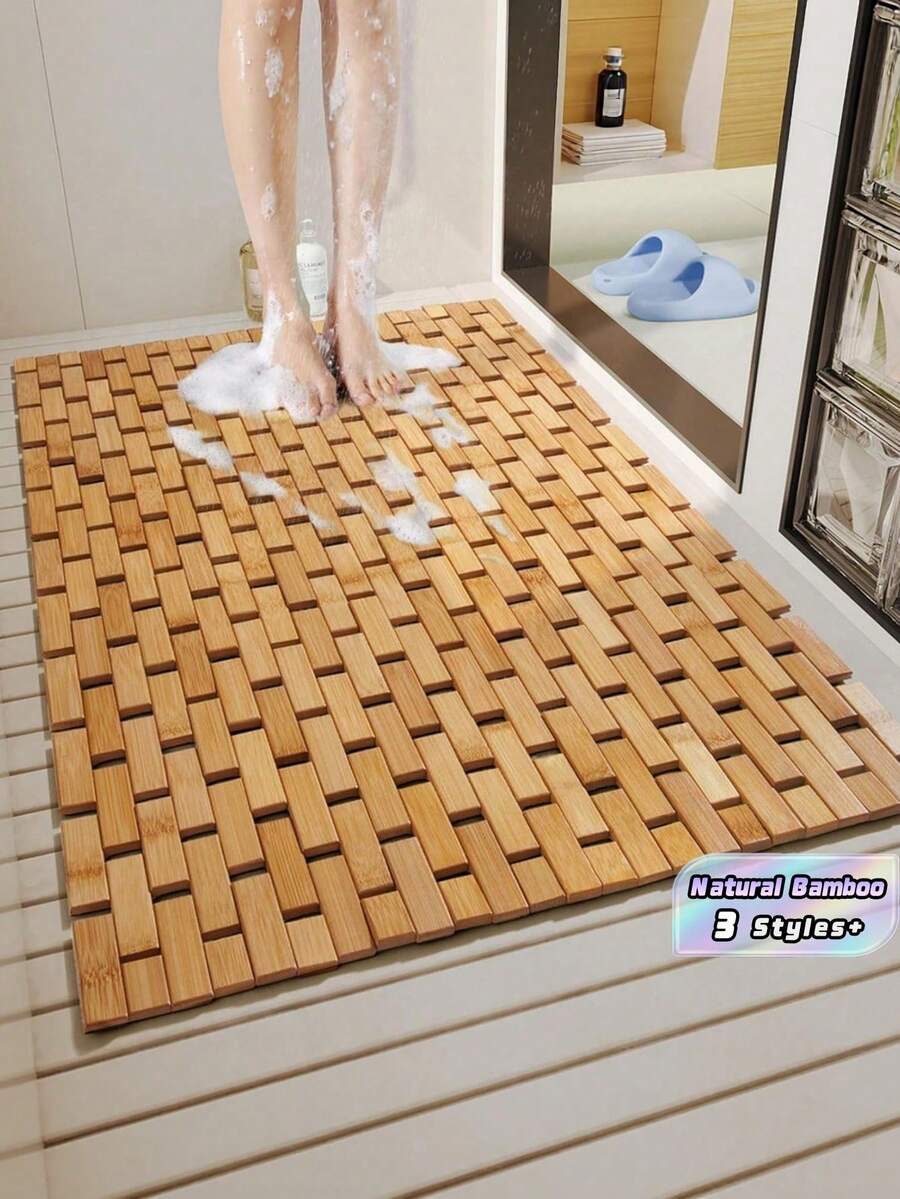 1PC Natural Bamboo Wood Bath Mat Non Slip Waterproof Quick Dry Freestanding Shower Tub Floor Rug For Bathroom Kitchen Spa Sauna Housewarming Christmas Gift Home Decor Must Haves - Brown - View 1