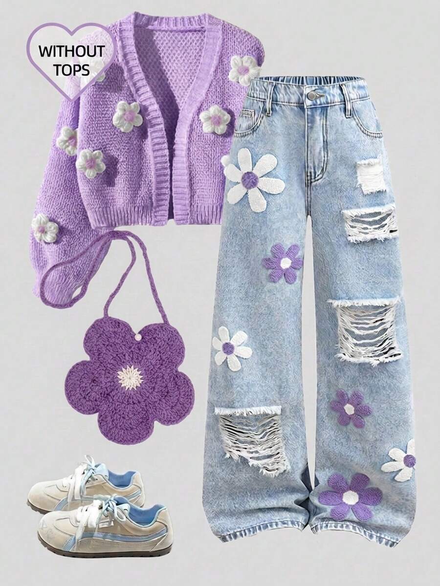 Girlism 青少年女孩拼接刺繡破洞鈕扣口袋牛仔長褲 - 紫色 - 查看 1