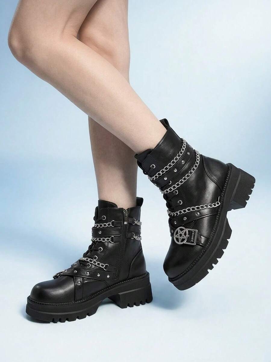 Sugerpunk 女款黑色側拉鍊繫帶靴,暗黑龐克搖滾風鏈條裝飾機車靴,學院復古騎士皮革短靴 - 黑色-鏈條 - 查看 1