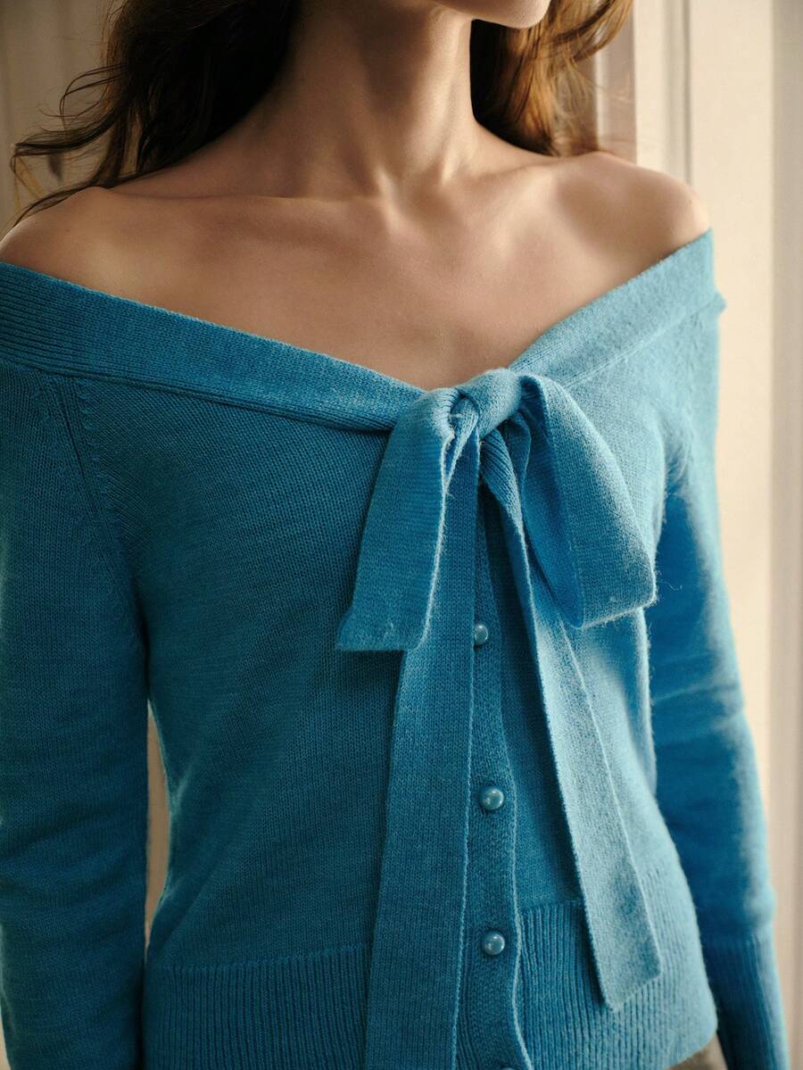 MOTF PREMIUM WOMEN'S ELEGANT COMMUTE SOLID COLOR OFF SHOULDER KNOTTED SWEATER