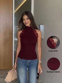 Siren Gaze Women's Solid Color Contrast Lace Stand Collar Sleeveless Fitted Fashion Elegant Knit Top Date Burgundy Summer - Burgundy - View 2