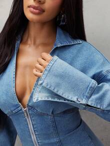 Denimoi Women's Deep V-Neck Zipper Front Long Sleeve Sexy Denim Dress - Medium Wash - View 3