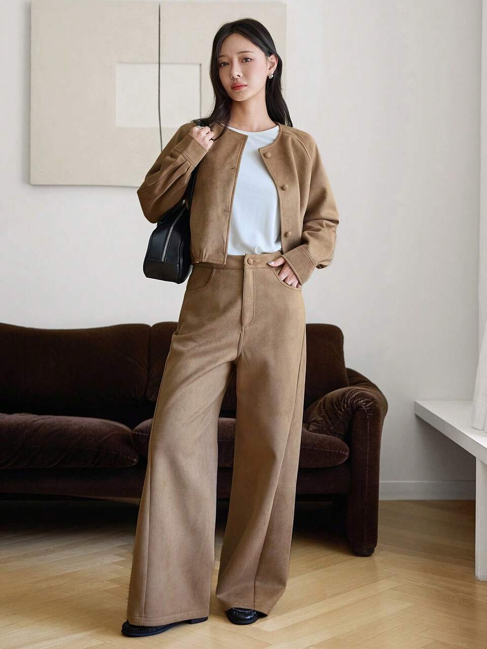 Women's 2pcs Set: Crew Neck Button Long Sleeve Cropped Jacket With High Waist Wide Leg Long Pants Lounge Sets For Women