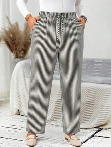 EMERY ROSE Plus Size Women's Casual Daily Striped Long Pants (With Pockets), Suitable For Spring, Summer, Autumn And Vacation Wear - Black - View 7