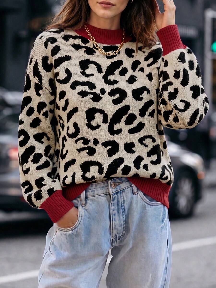 Balvessa Sweater Pullover Lengan Panjang Kasual Leher Bulat Motif Leopard untuk Wanita - MultiWarna - View 1