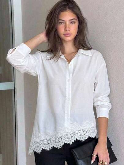 SHEIN Teen Girl Lace Patchwork Casual Versatile Daily Wear Long Sleeve Shirt