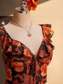 SHEIN ICON 女款大尺碼花卉印花度假沙灘洋裝 - 橘色 - 查看 6