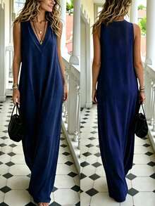 INAWLY Gaun Liburan Minimalis Ukuran Besar Warna Biru Tua dengan Leher V - Navy Blue - View 1