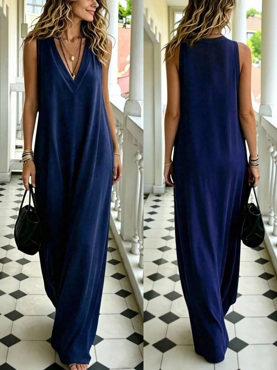 INAWLY Gaun Liburan Minimalis Ukuran Besar Warna Biru Tua dengan Leher V - Navy Blue - View 1