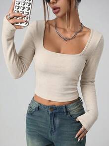 SHEIN ICON Fall Women's Square Neck Beige Basic Casual Fitted Solid Color Square Neck Long Sleeve Cropped Slim Fit Casual T-Shirt - Apricot - View 5