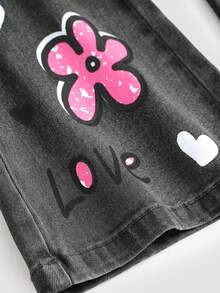 SHEIN Kids Tween Girl Fashion Floral Print Button Pocket Flared Jeans - Black - View 4