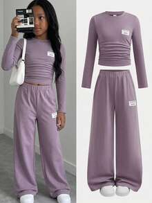 SHEIN طقم ملابس كاجوال محبوك من قطعتين للفتيات المراهقات باللون الوردي والبنفسجي، ناعم ومريح، متعدد الاستخدامات للارتداء اليومي - وردي - مشاهدة 1