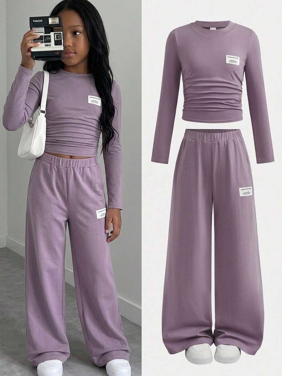 SHEIN طقم ملابس كاجوال محبوك من قطعتين للفتيات المراهقات باللون الوردي والبنفسجي، ناعم ومريح، متعدد الاستخدامات للارتداء اليومي - وردي - مشاهدة 1