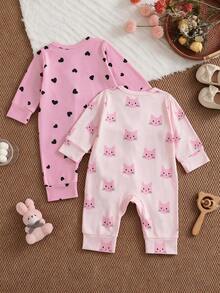 SHEIN Playful Pals 2件組新生女嬰秋冬款粉黑愛心卡通貓長袖連身衣套裝，親子套裝 - 彩色 - 查看 2