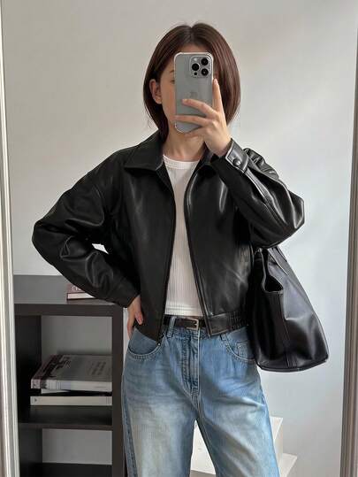 Tween Girl (Big) Black Zipper Front Lapel Ribbed Cuffs Streetwear Versatile Motorcycle PU Leather Loose Jacket, Autumn/Winter Outfit