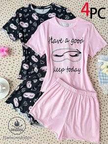 SHEIN 青少年女孩 2件組 春夏新款可愛印花圓領T恤與短褲家居服套裝，舒適休閒睡衣 - 彩色 - 查看 1