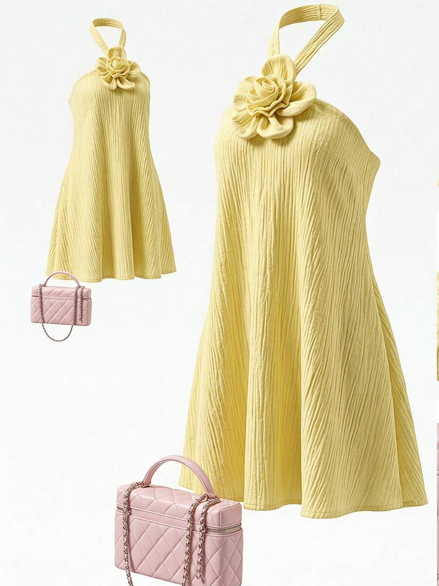 Teen Girl Summer Vacation Solid Color 3D Flower Halter Neck Mini Dress, Graduation, Outfits Yellow Cute - Yellow - View 1