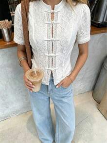 SHEIN PariChic Women's French Elegant Lace Short Sleeve Blouse, All-Season Versatile Stand Collar Frog Button Top, Slightly Sheer Crochet Lace Fabric, Slim Fit Cropped Hem, Vintage Style Design; Suitable For Office Commute, Daily Wear, Casual Outings And Weekend Outfits, Easily Paired With Jeans, Casual Pants And Skirts - White - View 9