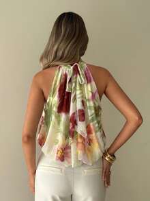 Aloruh Printed Mesh Halter Neck Women's Top - Beige - View 2