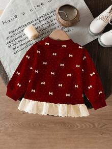 SHEIN Vintaside Kids 女嬰時尚刺繡荷葉邊印花運動衫 秋季 - 酒紅色 - 查看 3