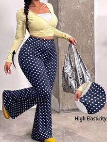 Muchica Plus Size Street Fashion Polka Dot Print Flared Pants For Vacation Vacation Navy Blue Summer 2000s 90s - Navy Blue - View 3
