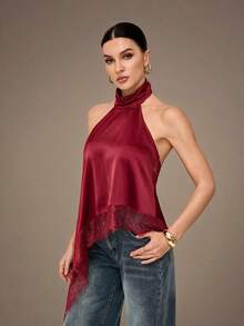 SHEIN Tall Elegant Lace Trim Backless Camisole Top, Sexy Satin Patchwork Sleeveless Blouse For Party, Cocktail, Formal Occasions, Christmas, Business Casual - Burgundy - View 5
