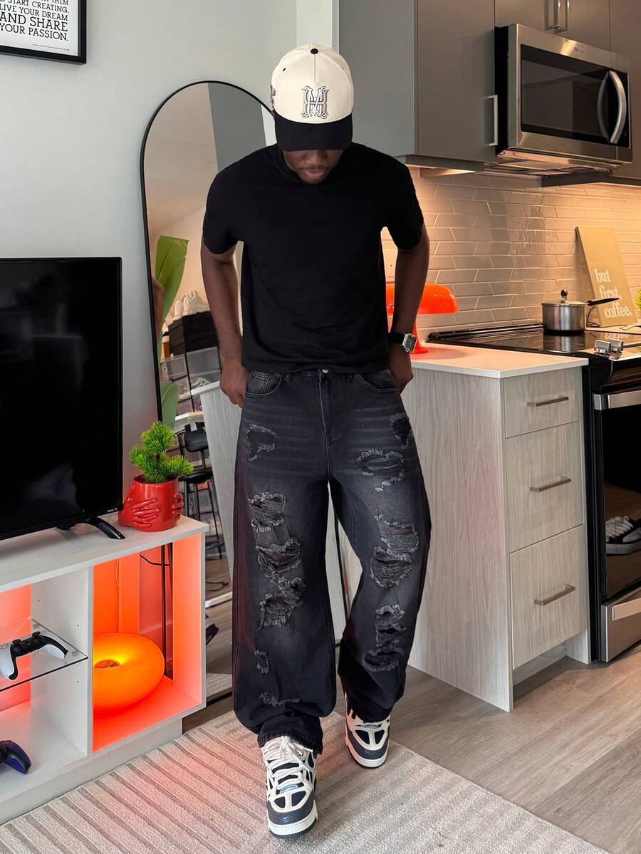 Harrin Don Harrin Don 1pc Men's Distressed Wide Leg Jeans, American Vintage Ripped High Street Casual Loose Long Pants (Product Does Not Include Belt And Accessories) - Black - View 1