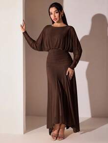 Veilorie Women's Elegant Solid Color Long Dress For Party - Coffee Brown - View 4