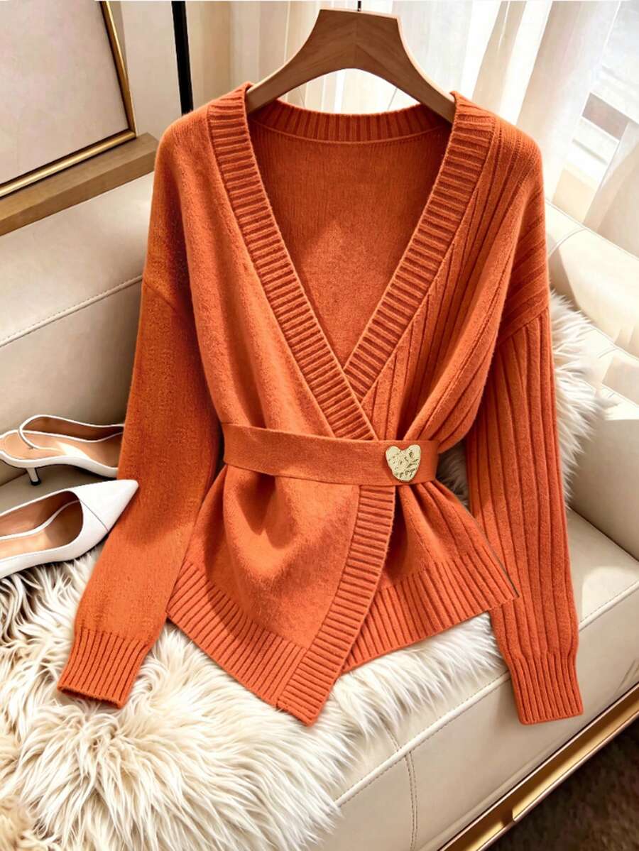 GlowEve CURVE Plus Size Women's Solid Color Knit Cardigan Sweater With Contrast Sleeves, Metal Buttons, Belt, Minimalist Casual Style, Suitable For Autumn/Winter Daily Commute, Office, Halloween - Orange - View 1