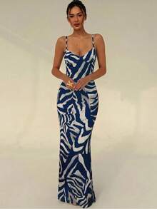 Aloruh Spring/Summer Vacation Spaghetti Strap Tie-Up Fitted Sexy Printed Women's Dress - Navy Blue - View 9
