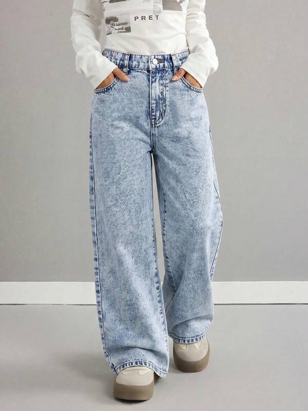 Tween Girls' Straight Loose Casual Versatile Denim Wide Leg Pants, Summer
