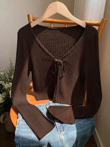 Comfortcana Casual Versatile Solid Color Tie-Front Knit Cardigan - Brown - View 4