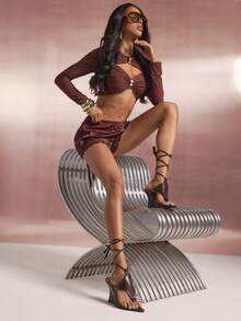 SHUZIA Sandal Wedges Wanita Model Thong dengan Tali Ikat, Sepatu Musim Panas - Chocolate Brown - View 6
