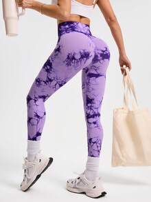 SHEIN Sports 紮染印花高腰無縫運動緊身褲 - 紫色 - 查看 7