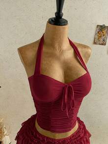 Soleia Damen Frühling/Sommer romantisches Urlaubs Chiffon plissiert rückenfrei Neckholder Top - Bordeaux - Übersicht 3