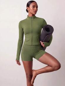 Zivah Women's Minimalist Modest Sporty Zipper Long Sleeve Top And Shorts Sports Set Gym Olive Green Autumn Workout Gym - Green - View 3