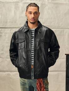 Loose Fit Men's Long Sleeve Flap Pocket PU Leather Zipper Front Rave Jacket, For Fall Winter - Black - View 5