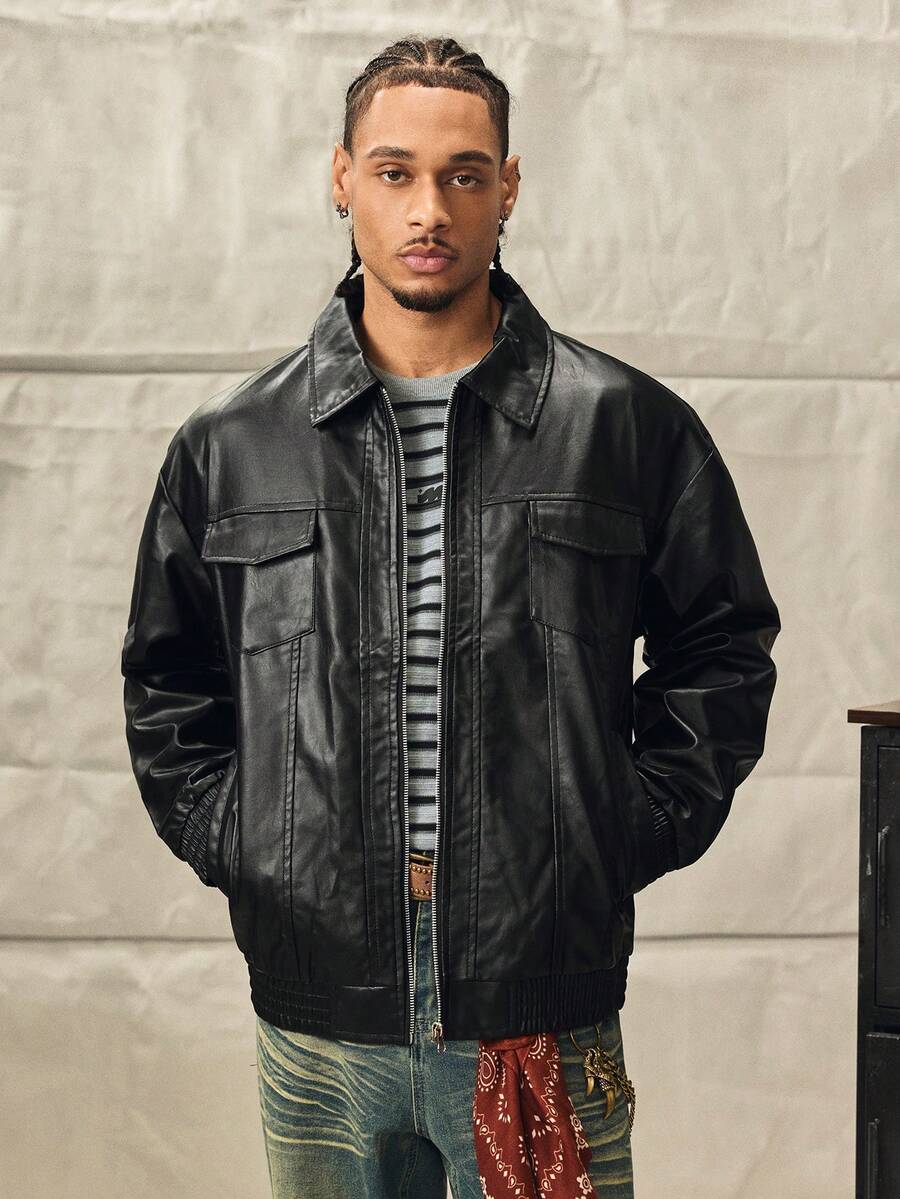 Loose Fit Men's Long Sleeve Flap Pocket PU Leather Zipper Front Rave Jacket, For Fall Winter - Black - View 1