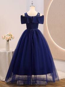 Teen Girl Solid Color Open Shoulder Contrast Mesh Hem Elegant Formal Dress Navy Blue Summer - Royal Blue - View 3