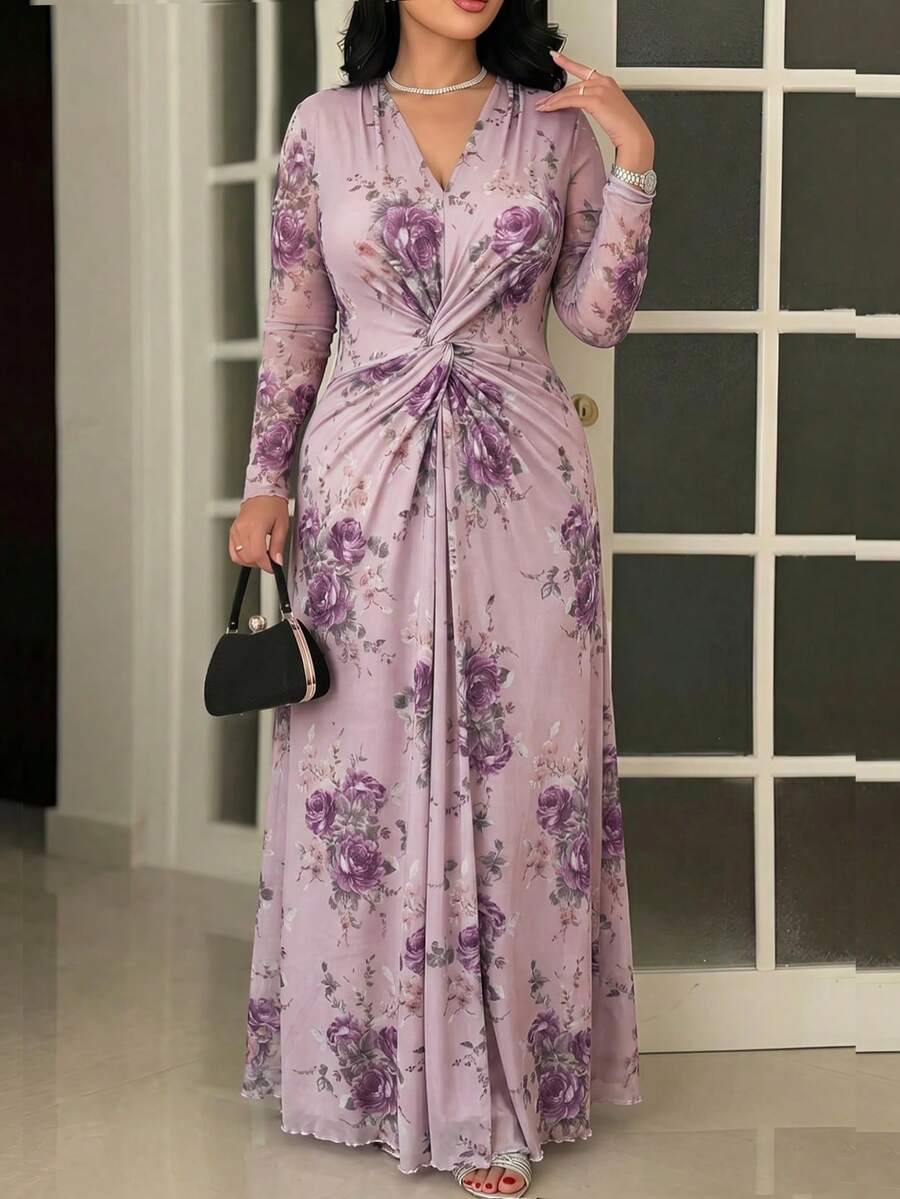 Feyla 大尺碼優雅花卉印花扭結洋裝,適合婚禮派對早午餐,淺紫色秋季款 - 彩色 - 查看 1