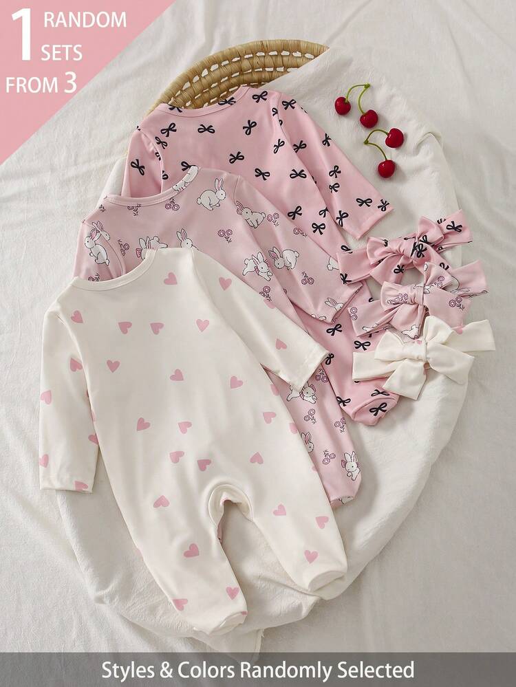 3 Sets Randomly Sent 1 Set, 2-Pack Newborn Baby Girl Home Wear, Cute Heart Bow Rabbit Print, Ruffle Trim Long Sleeve Footed Romper With Headband - Multicolor - View 2